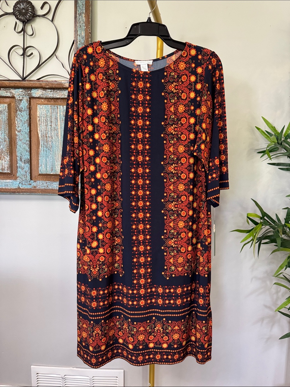 London Times boho Navy Midi Dress with Orange Floral Border Print NWT 16